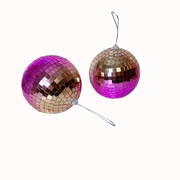 Set Of 2 Disco Ball Christmas Ornaments 8 Inch Ombre Pink Hanging New Years Eve - Picture 7 of 11